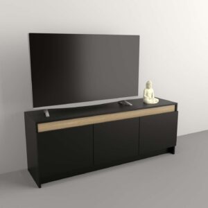 Mesa de TV con tres puertas y repisa superior, de estructura simple y funcional.<br />
Interior totalmente revestido