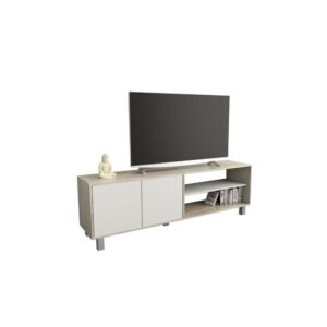 Mesa de TV con dos puertas, estante interior y dos espacios abiertos, elevado sobre patas metalicas.<br />
Sistema Push en las dos puertas