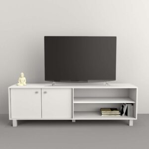 Mesa de TV con dos puertas, estante interior y dos espacios abiertos, elevado sobre patas metalicas.<br />
Sistema Push en las dos puertas