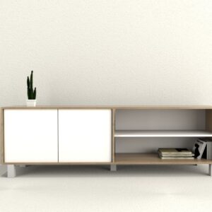 Mesa de TV con dos puertas, estante interior y dos espacios abiertos, elevado sobre patas metalicas.<br />
Sistema Push en las dos puertas