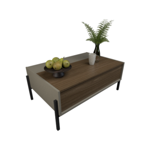 Mesa de centro minimalista elevada con patas metalicas y un espacio de guardado<br />
Patas metalicas tipo industrial con regatones de goma para no rayar el piso
