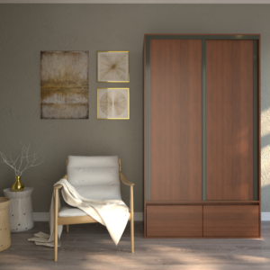 Placard sencillo con dos puertas corredizas, dos cajones y dos zapateros Perfiles de aluminio a tono con el placard