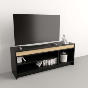Mesa de TV con dos estantes abiertos, un espacio lateral y un cajon inferior, de estructura compacta y funcional. Interior totalmente revestido
