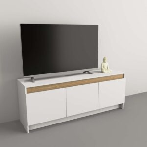 Mesa de TV con tres puertas y repisa superior, de estructura simple y funcional.<br />
Interior totalmente revestido