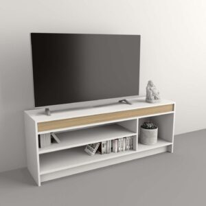 Mesa de TV con dos estantes abiertos, un espacio lateral y un cajon inferior, de estructura compacta y funcional. Interior totalmente revestido