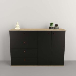 Bahiut de estilo minimalista con cuatro cajones y dos puertas Tiradores metalicos de cobre estilo vintage