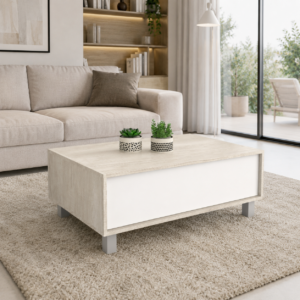 Mesa de centro minimalista elevada con patas metalicas y un espacio de guardado Patas metalicas tipo industrial con regatones de goma para no rayar el piso