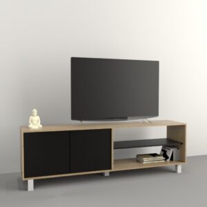 Mesa de TV con dos puertas, estante interior y dos espacios abiertos, elevado sobre patas metalicas. Sistema Push en las dos puertas