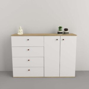 Bahiut de estilo minimalista con cuatro cajones y dos puertas Tiradores metalicos de cobre estilo vintage