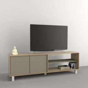 Mesa de TV con dos puertas, estante interior y dos espacios abiertos, elevado sobre patas metalicas. Sistema Push en las dos puertas