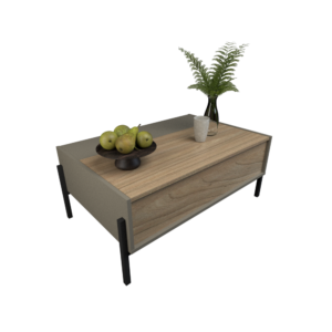 Mesa de centro minimalista elevada con patas metalicas y un espacio de guardado Patas metalicas tipo industrial con regatones de goma para no rayar el piso
