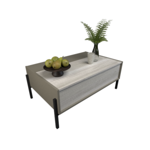 Mesa de centro minimalista elevada con patas metalicas y un espacio de guardado Patas metalicas tipo industrial con regatones de goma para no rayar el piso