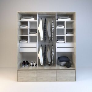 Vestidor abierto estilo moderno y funcional con estructura amplia, cuatro cajones y tres zapateros<br />
Cajones bajos con fondo en 15mm