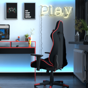 Escritorio gamer con amplio espacio de trabajo, repisa superior y area lateral para PC Espacio para mas de un monitor, filos de PVC