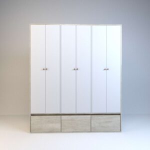 Placard con seis puertas, cuatro cajones y tres zapateros con estructura minimalista y funcional<br />
Tiradores metalicos de bronce estilo vintage