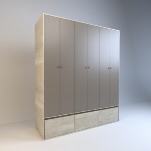Placard con seis puertas, cuatro cajones y tres zapateros con estructura minimalista y funcional<br />
Tiradores metalicos de bronce estilo vintage